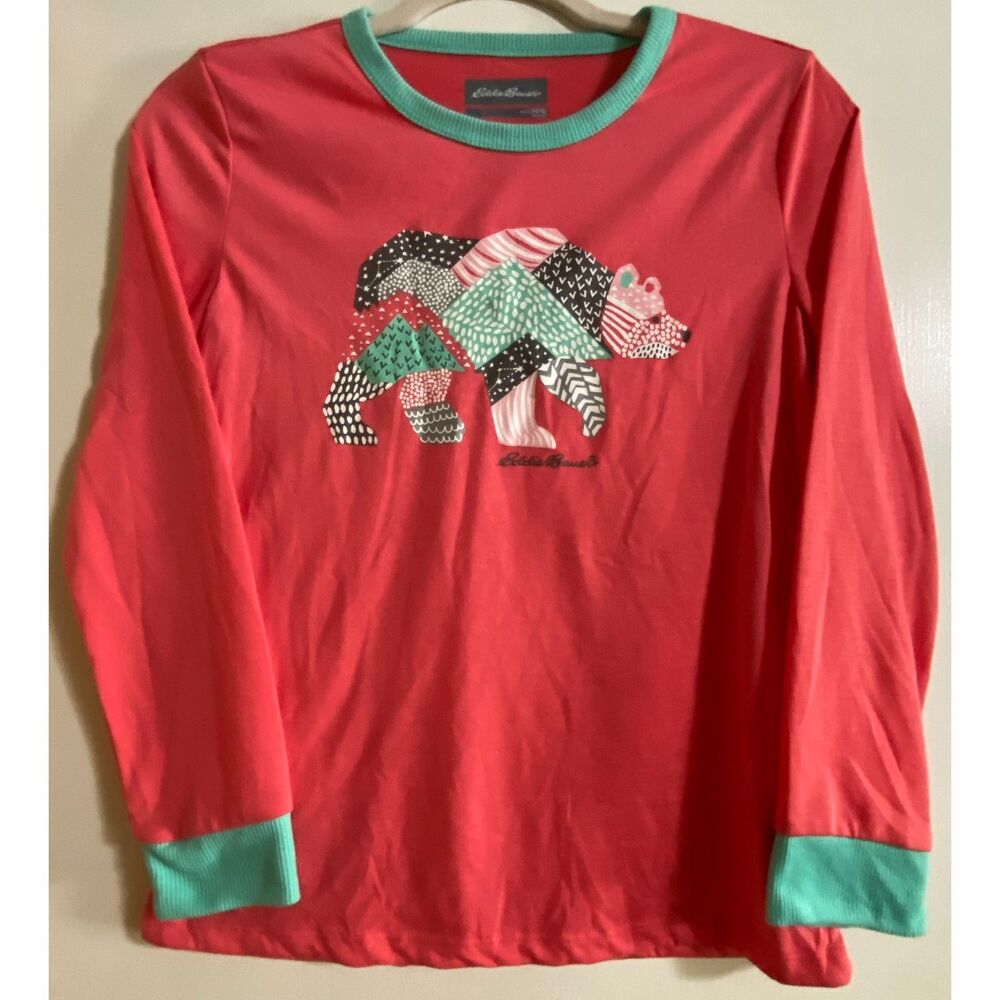 Eddie Bauer Pink and Green Long Sleeve Polar Bear Pajama Shirt Sz Youth Large
